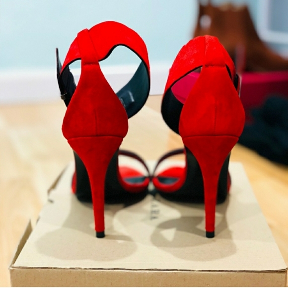 Zara Red Suede Ankle Srap Heels - Picture 4 of 5